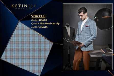 D667/2 Vercelli CVM - Vải Suit 95% Wool - Xanh Dương Caro Nâu